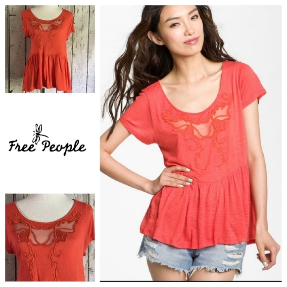 Free People Tops - Free People Coral Embroidered‎ Mesh Peplum Top Short Sleeve Women's Size Small